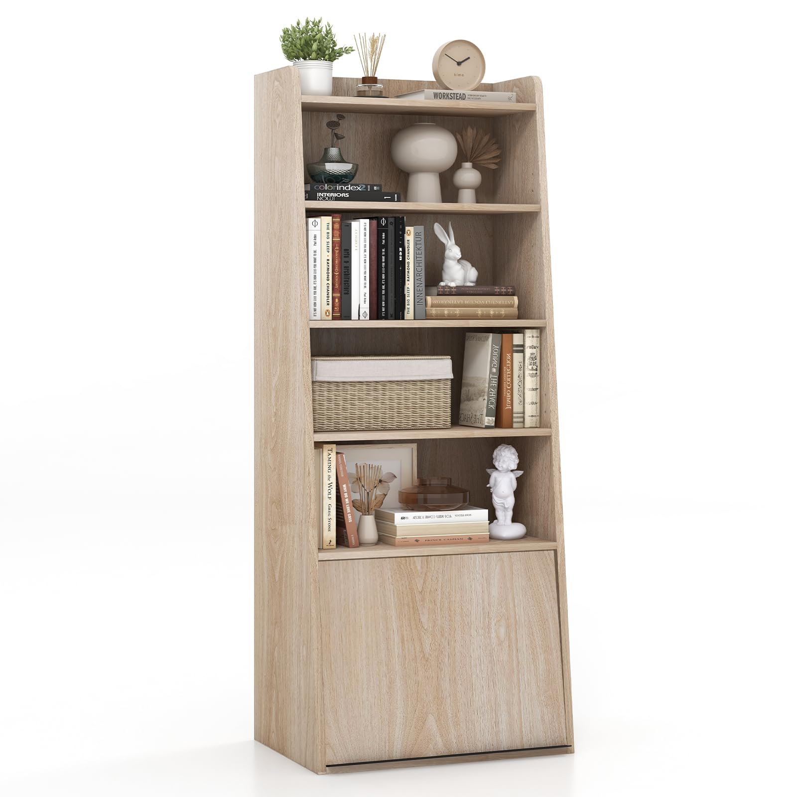 Tangkula Bibliothèque à 6 niveaux, étagère moderne avec 2 étagères réglables et porte relevable, armoire de rangement en bois avec 5 étagères ouvertes